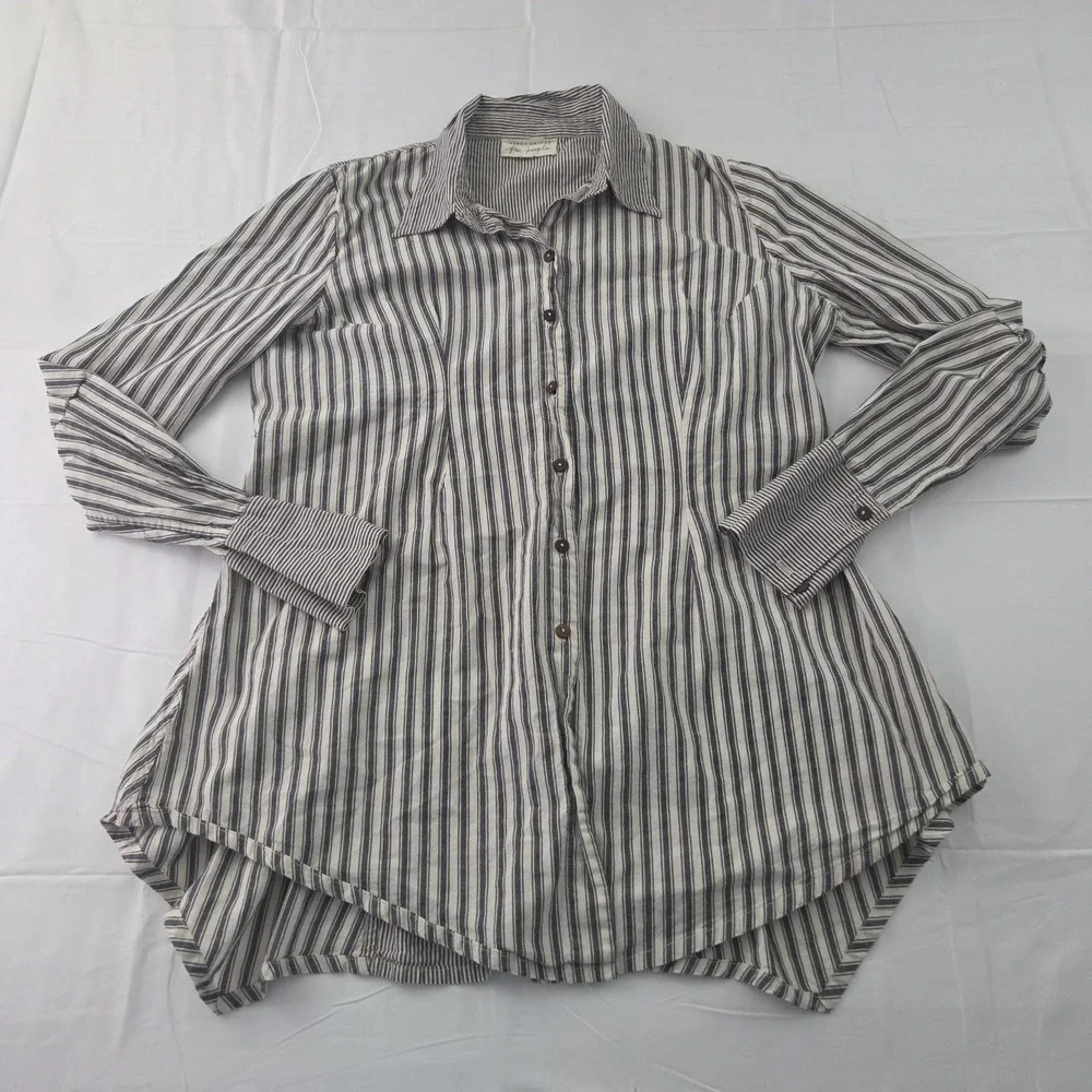 Free People x Brenda Knight Shirt Womens Large Gray Striped Button Up Boho Chic